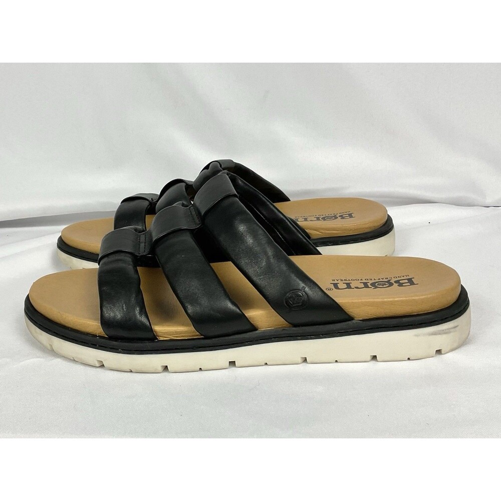 Born Daisy Black Leather Slide Sandals Puffy Platform Strappy Lug Sole Sz 11